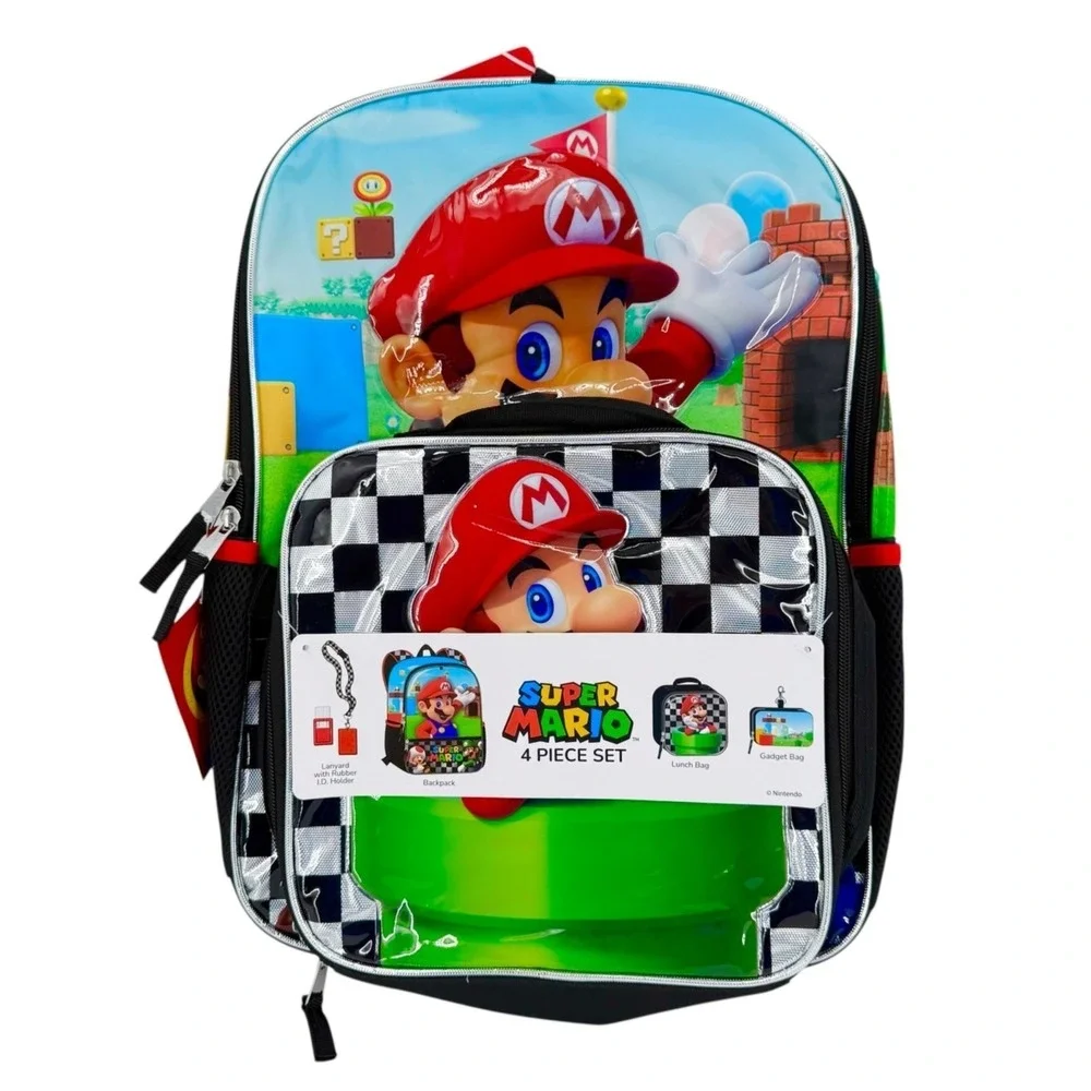Nintendo Super Mario Kid 4 Piece School Backpack Set Lunch & Gadget Bags 17